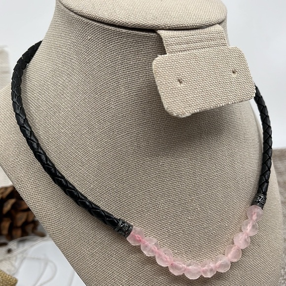 Rose Quartz Braided Black Leather Sterling Silver Adjustable Choker Necklace - Picture 3 of 11